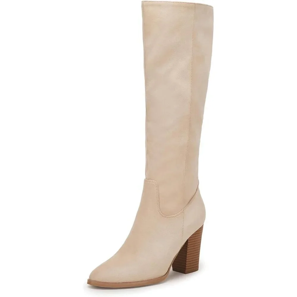 Women Faux Sueder Nude Knee High Chunky Heel Side Zipper Stretch Winter Boot